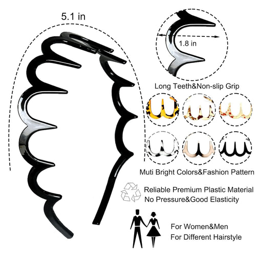 6 PCS Zig Zag Headbands Plastic Wavy Hair Head Band Comb with Teeth Hoop Accessories for Women Men Girls, Fashion Tortoiseshell&Amber