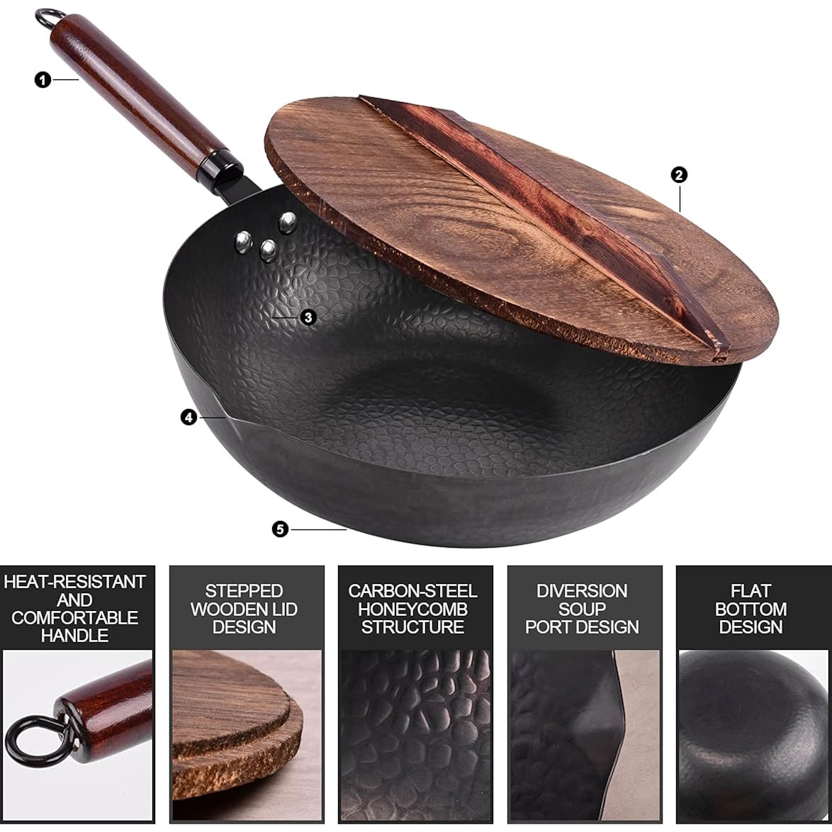 Leidawn 12.8" Carbon Steel Wok-11Pcs Woks & Stir Fry Pans Wok Pan with Lid, No Chemical Coated Chinese Woks with 10 Cookware Accessories, Flat Bottom Wok for Electric, Induction,Gas Stoves