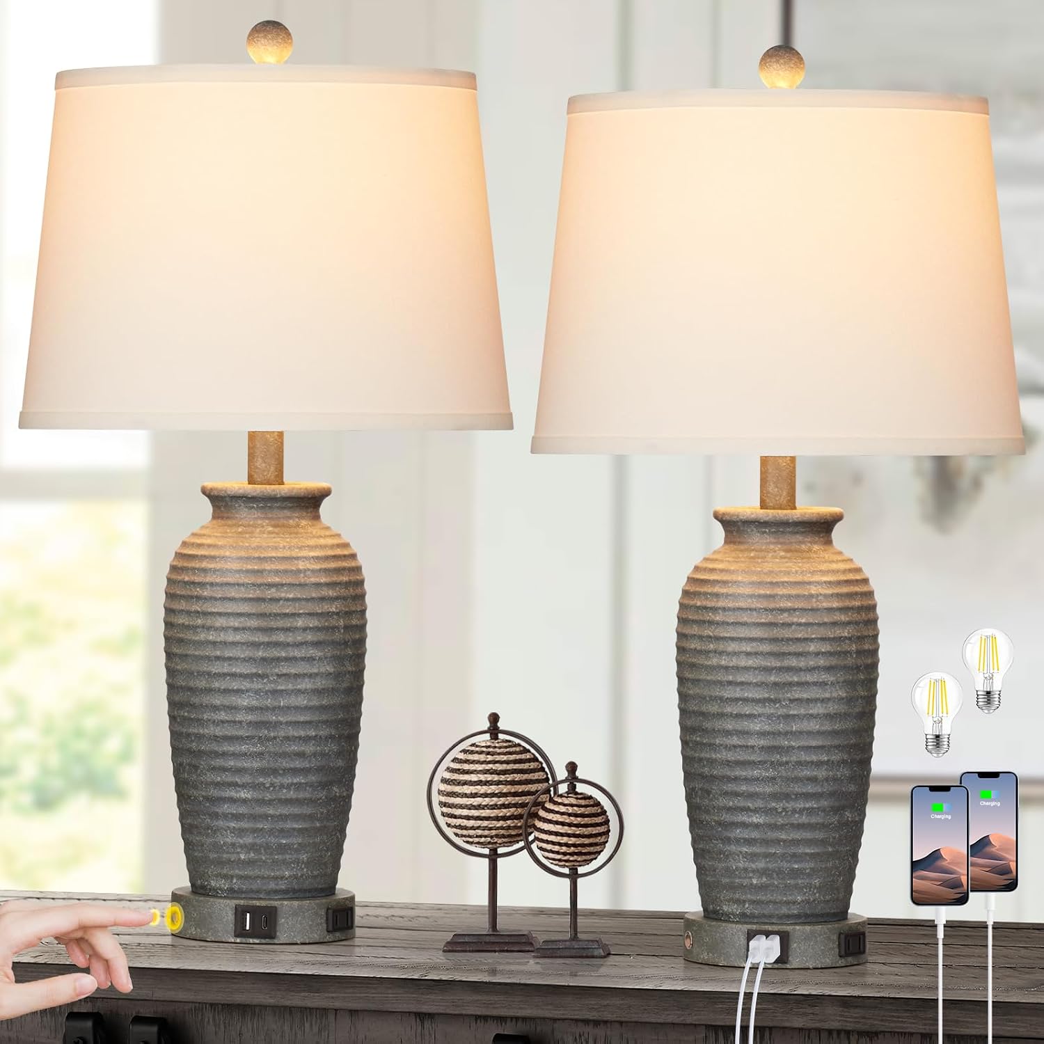 Cinsary 25" Farmhouse Jar Table Lamps Set Of 2, 3 Way Touch Control Rustic Bedside Lamps With Usb A+C Ports & Ac Outlet, Pot Nightstand Lamps For Bedroom Living Room (Led Bulbs Included)