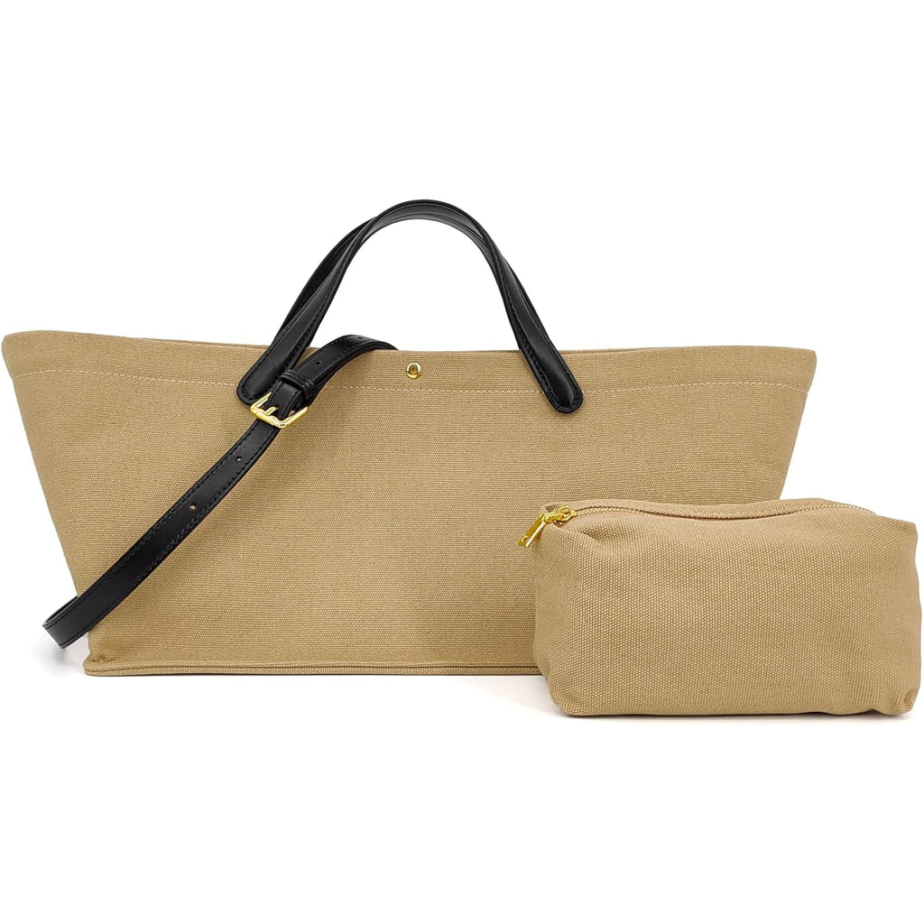 2Pcs Set, Large/Xl Tote Bag With Pouch For Women, Canvas Or Genuine Leather Crossbody Shoulder Bag, Top Handle Purse
