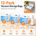 12 Pack Vacuum Bags For Travel With Rechargeable Air Pump, Carry-On Compression Bags For Luggage And Suitcase, Space Saver Storage For Clothing And Travel Organization