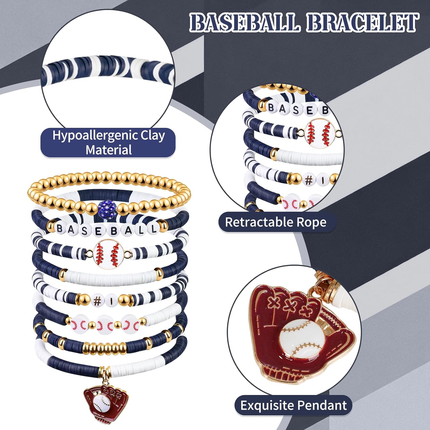 Baseball Clay Beaded Stretch Bracelets, Game Day Friendship Hypoallergenic Baseball Sport Fan Bracelet for for Sports Game Team Coach Mom Women Men Jewelry Accessories Gifts