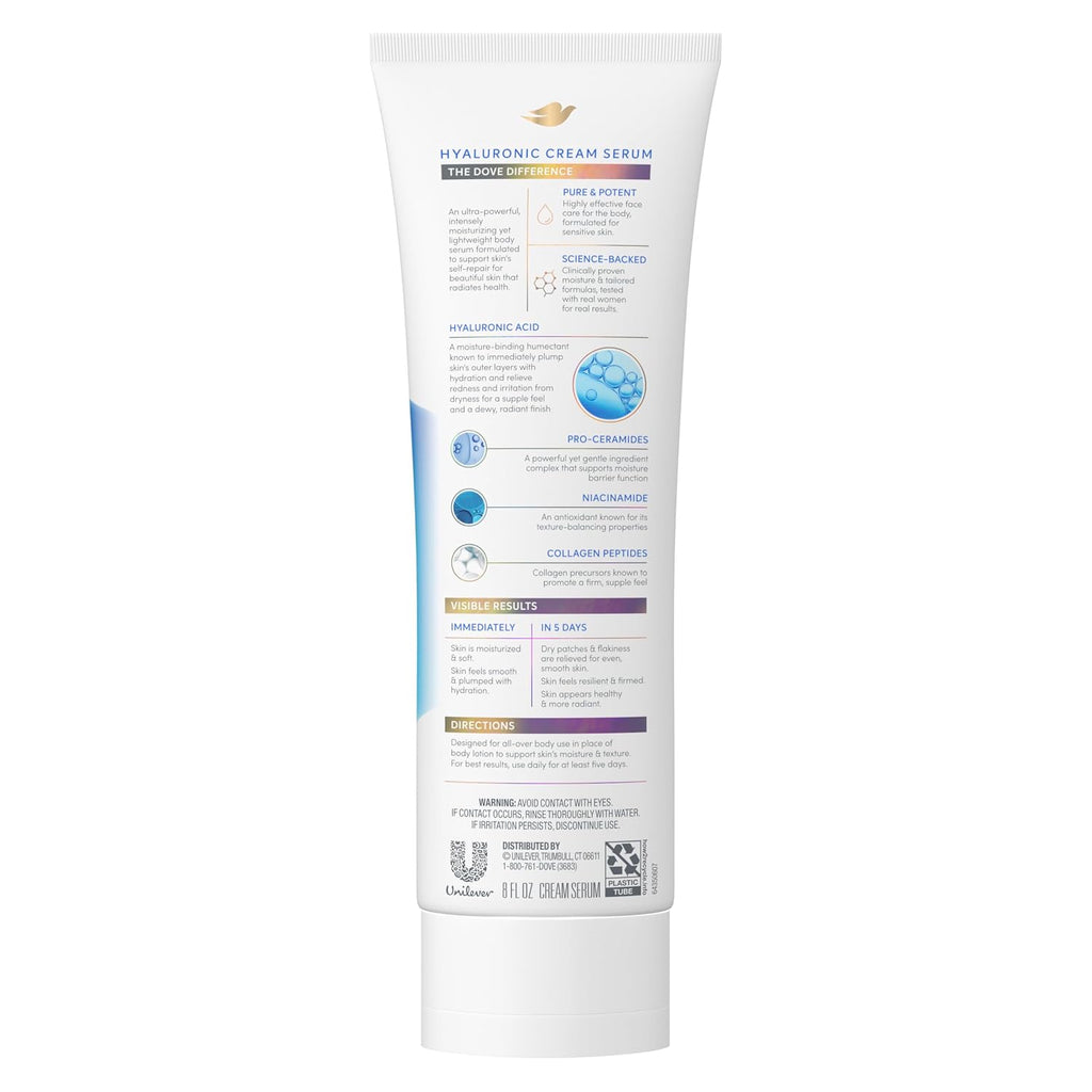 Dove Cream Serum Hyaluronic + Hydration For Extra Dry, Flaky Skin, With Pro-Ceramides, Niacinamide And Collagen Peptides Lotion, 8 Oz
