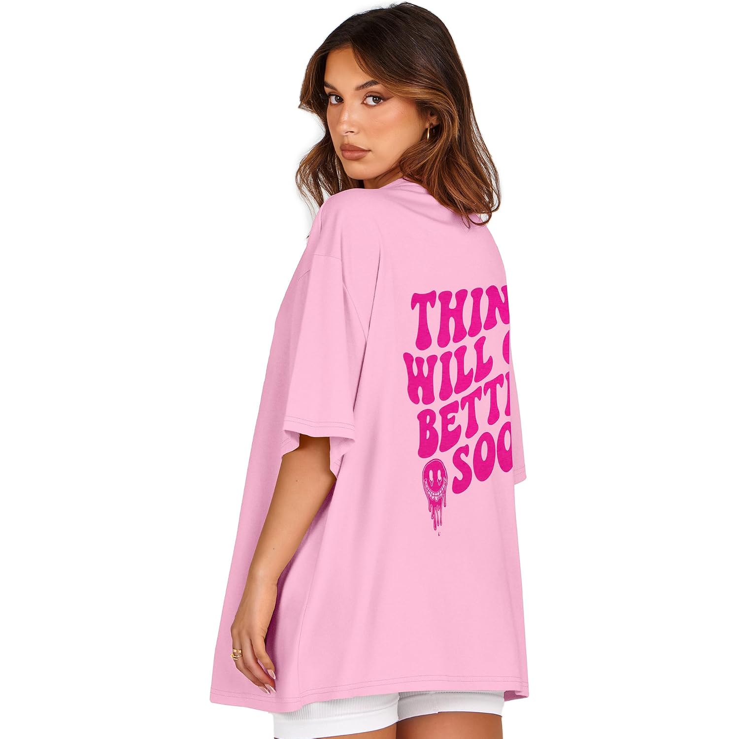 Womens Oversized Tshirt Graphic Tees Crew Neck Summer Short Sleeve Loose Fit Tops 2026 A-letter Print Pink