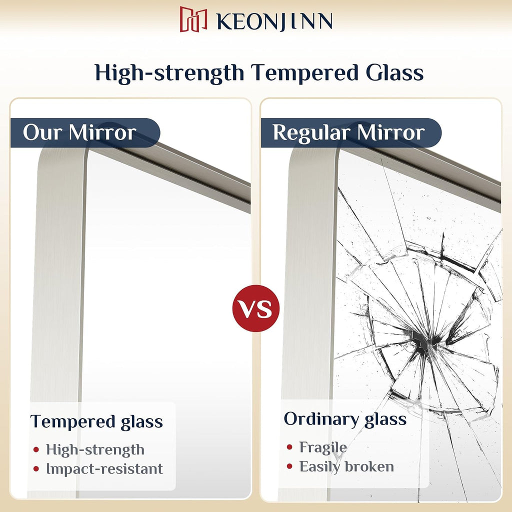 Keonjinn 20 X 30 Inch Brushed Nickel Bathroom Mirrors For Over Sink, Rounded Rectangle Silver Bathroom Vanity Mirror, Farmhouse Mirror For Wall, Hd Tempered Glass, Anti-Rust Aluminum Alloy Mirror