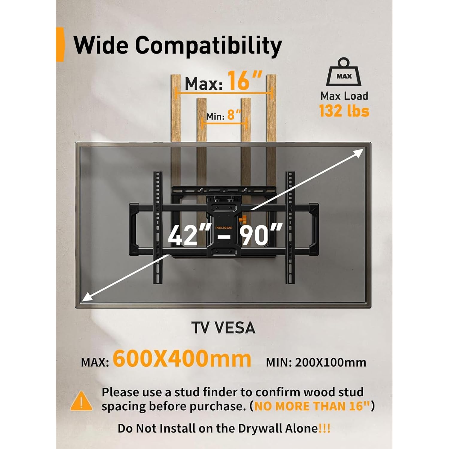 Perlegear Ul Listed Full Motion Tv Wall Mount For 42-90" Tvs Up To 132Lbs, Heavy Duty Tv Mount With Dual Articulating Arms, Tool-Free Smooth Tilt, Swivel, Fits 16" Studs, Max Vesa 600X400Mm, Pglf8