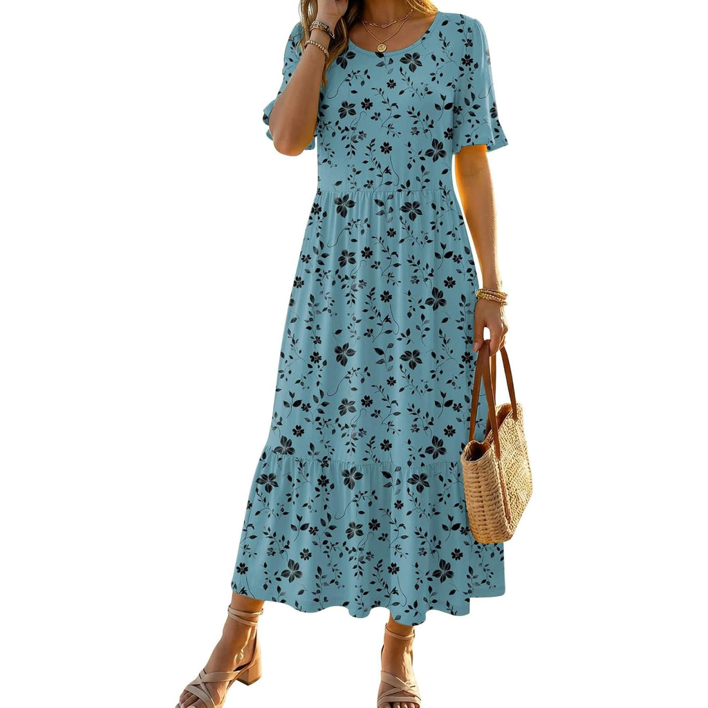 Womens Summer Dresses 2026 Casual Midi Dress Flowy Sundress Ruffle Short Sleeve Tiered Dresses A Line Boho Dress