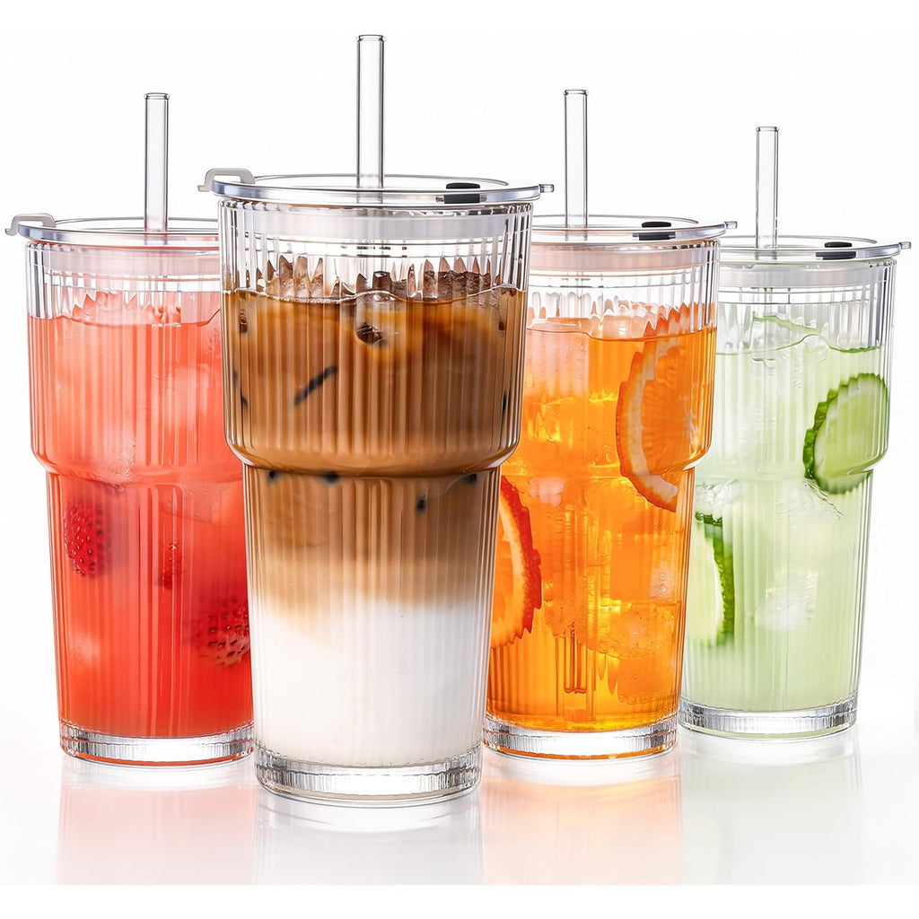 GOSCHE 20oz Glass Tumblers with Straws and Lids, Ribbed Iced Coffee Cups Leak-proof, Dishwasher Safe, Thickened Glass Cups with Lids Ideal for Coffee and Travel, Clear, 4 Pack