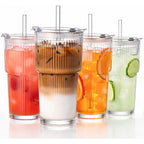 GOSCHE 20oz Glass Tumblers with Straws and Lids, Ribbed Iced Coffee Cups Leak-proof, Dishwasher Safe, Thickened Glass Cups with Lids Ideal for Coffee and Travel, Clear, 4 Pack