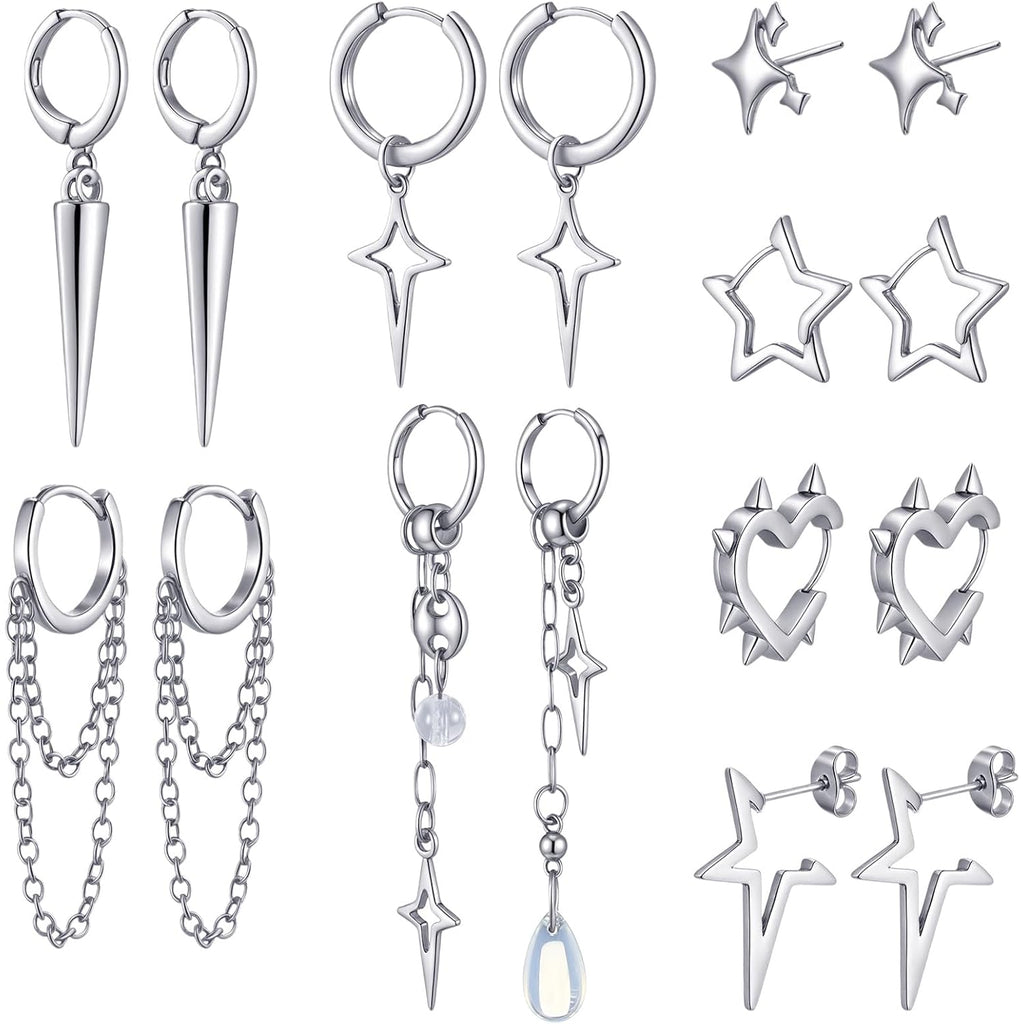 Quelay 8 Pairs Dangle Hoop Earrings for Men Women Punk Y2k Goth Gothic Tassel Chain Drop Star Moon Stud Huggie Earrings Gift