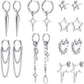 Quelay 8 Pairs Dangle Hoop Earrings for Men Women Punk Y2k Goth Gothic Tassel Chain Drop Star Moon Stud Huggie Earrings Gift