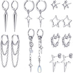Quelay 8 Pairs Dangle Hoop Earrings for Men Women Punk Y2k Goth Gothic Tassel Chain Drop Star Moon Stud Huggie Earrings Gift
