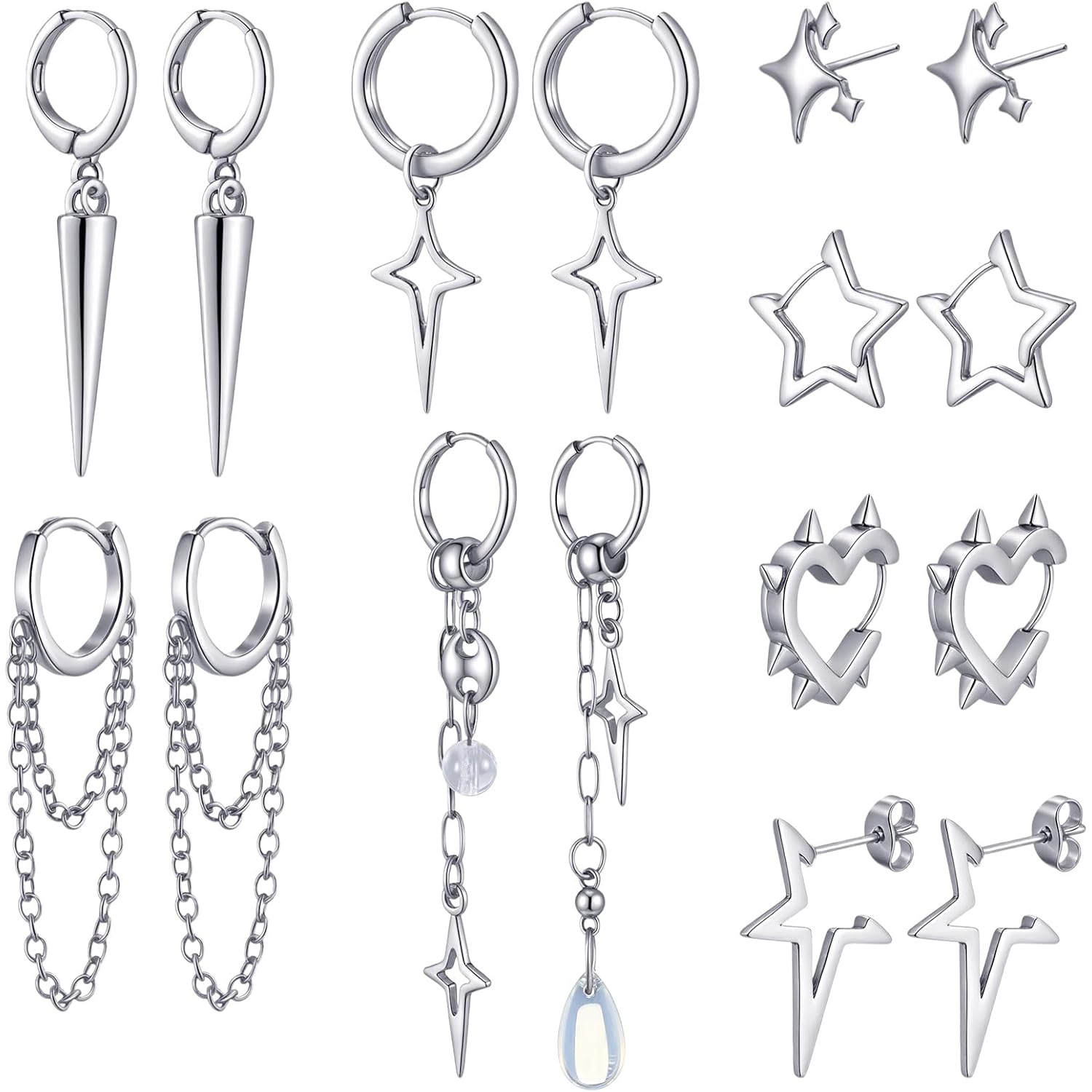 Quelay 8 Pairs Dangle Hoop Earrings for Men Women Punk Y2k Goth Gothic Tassel Chain Drop Star Moon Stud Huggie Earrings Gift