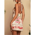 Roseseek Women'S Tropical Floral Backless Halter Dresses Cut Out Knot Front Sleeveless Vacation Short Dress