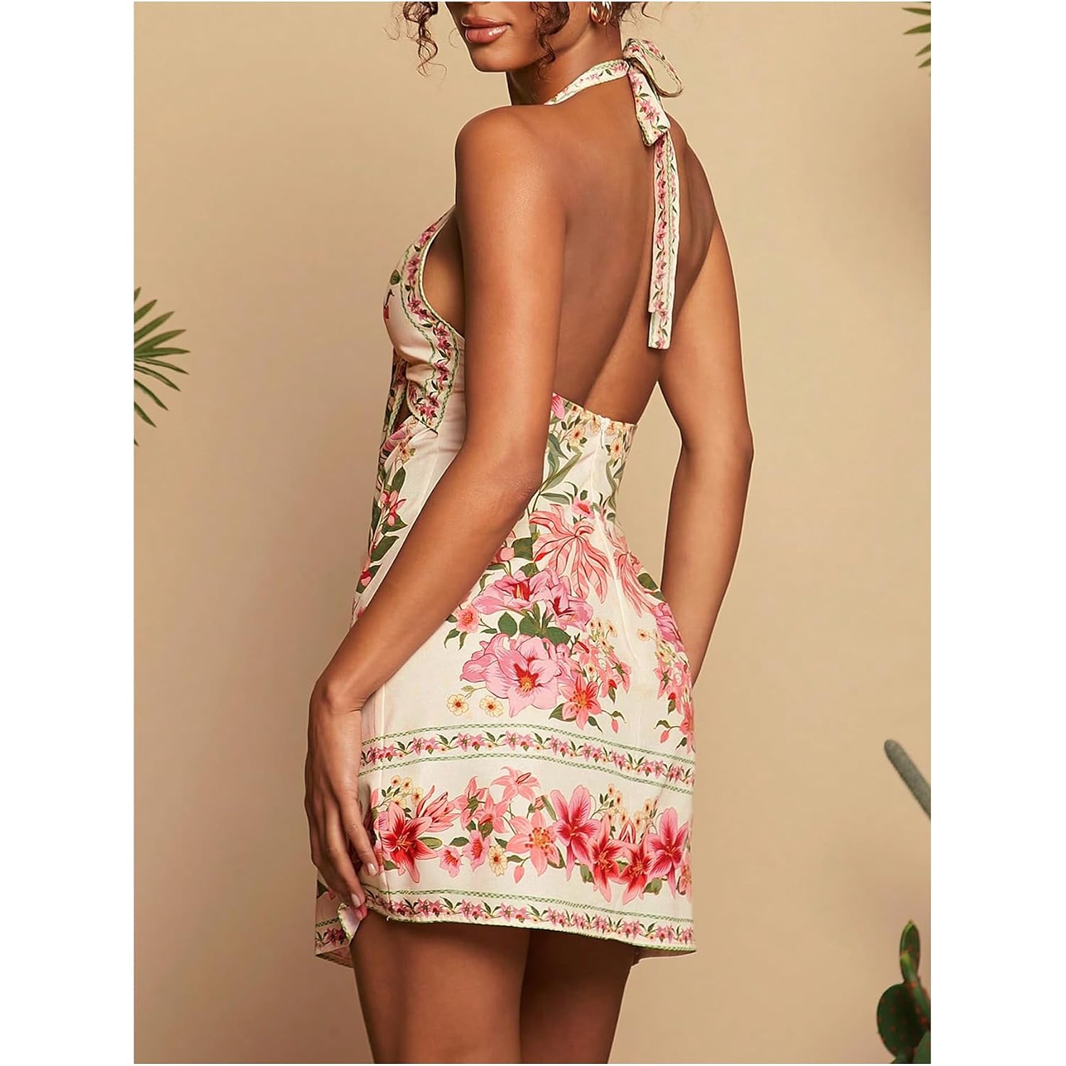 Roseseek Women'S Tropical Floral Backless Halter Dresses Cut Out Knot Front Sleeveless Vacation Short Dress