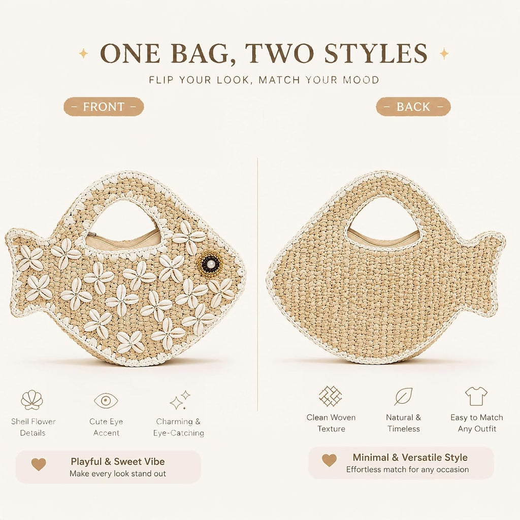 Fish Purse Clutch Straw Woven Fish Shaped Handbag Small Fun Bag Mini Novelty Tote For Women Summer Spring Beach