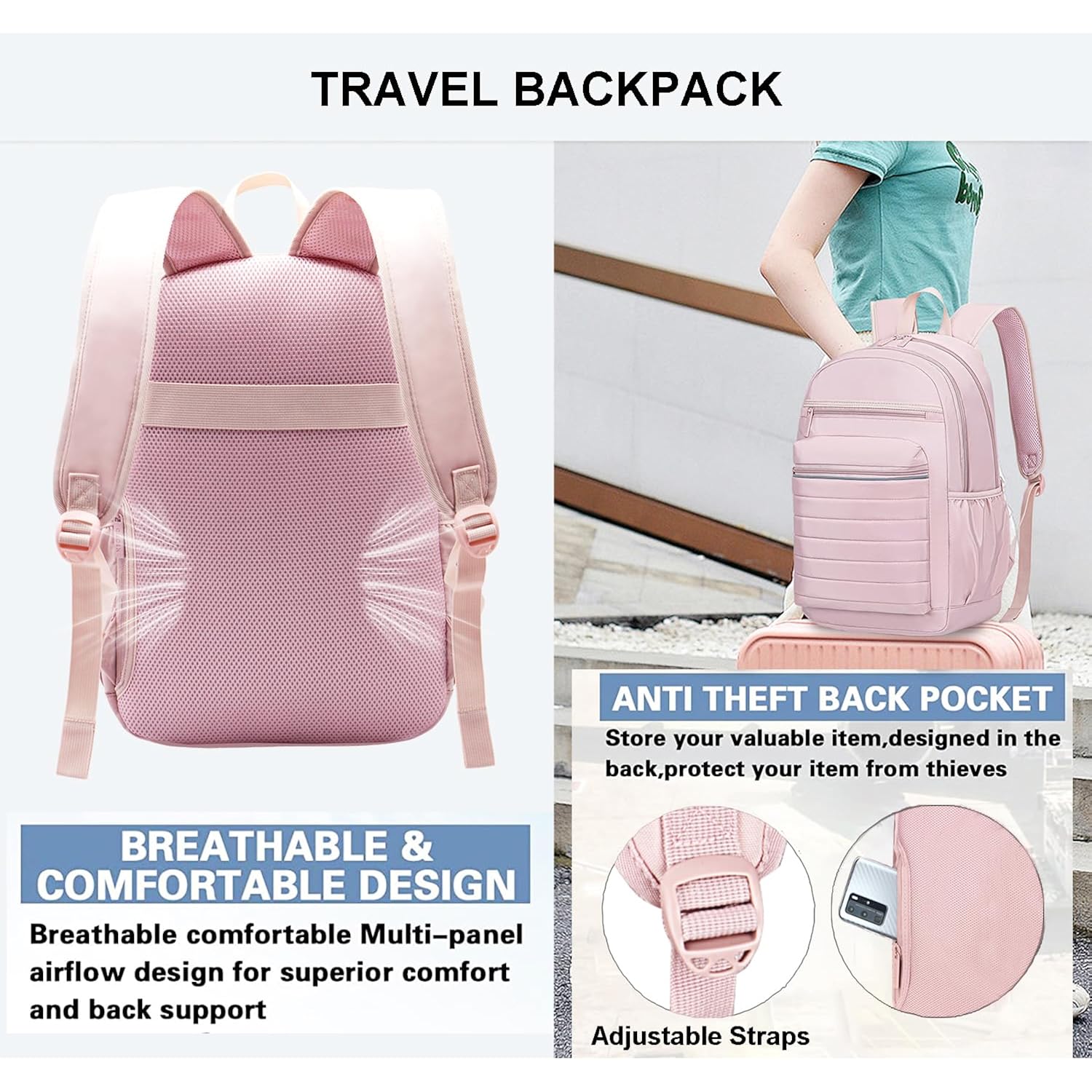 Travel Backpack For Women, Womens Work Backpacks, Backpack Purse, Back Pack For College Girls, Carry-On Travel Backpacks,Pink Bookbag (Light Pink)