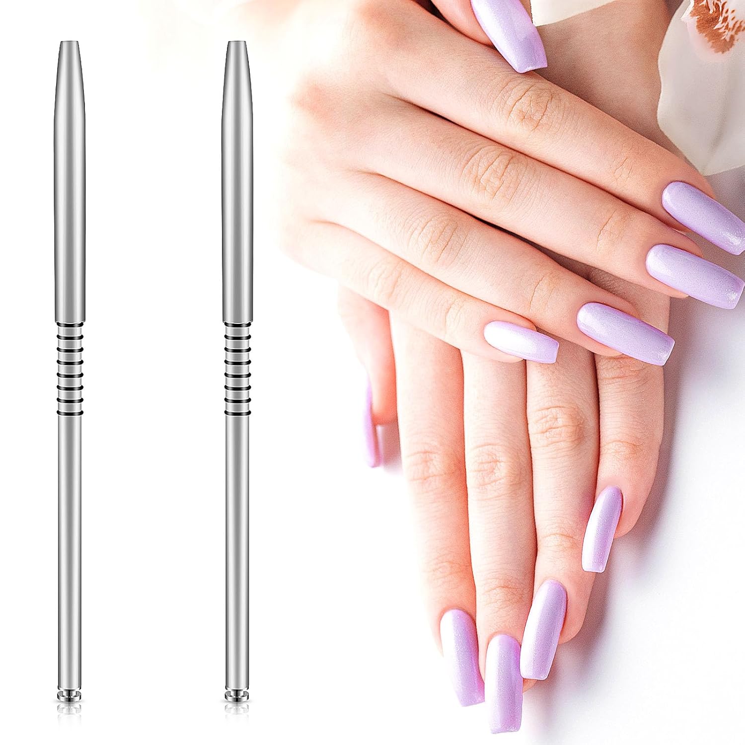 Hariendny 2 Pack 3D Nail Art Brush for Acrylic, Kolinsky Acrylic Nail Brushes Set, Nail Lining Brush Nail Salon Painting Brush Pen with Non-Slip Handle, Silver Metal Nail Art Pen (Size #2)
