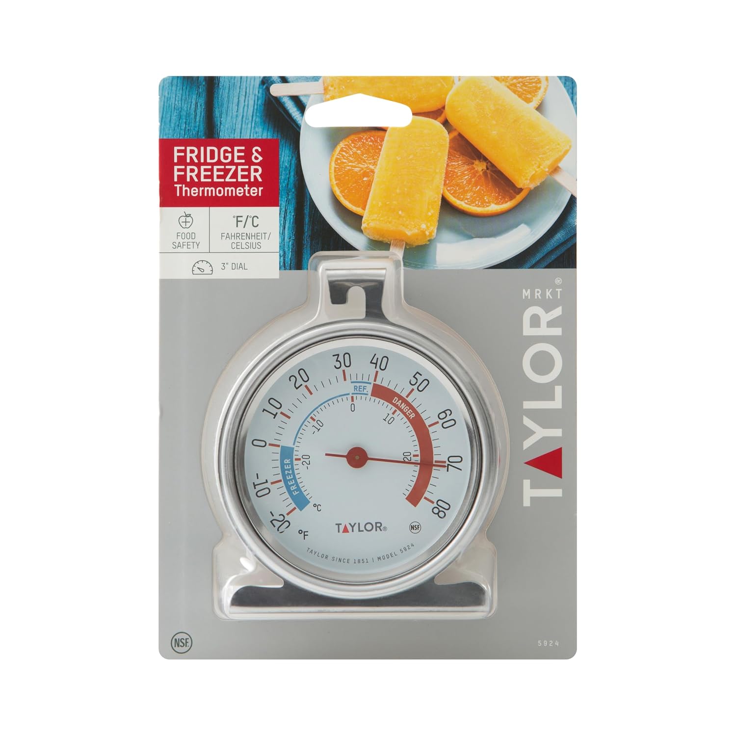 Taylor 5924 Large Dial Kitchen Refrigerator And Freezer Analog Thermometer, 3-Inch Dial, Easy To Read, Silver Finish, Accurate Temperature Monitoring