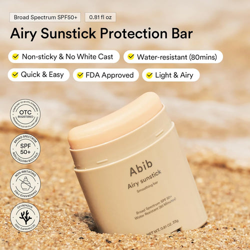 Abib Airy Sunstick Protection Bar SPF50+ Broad Spectrum, Semi-Matte Sunscreen Stick for Oily & Combination Skin, No White Cast, Water-Resistant, Korean Sunscreen, 0.81 oz / 23 g