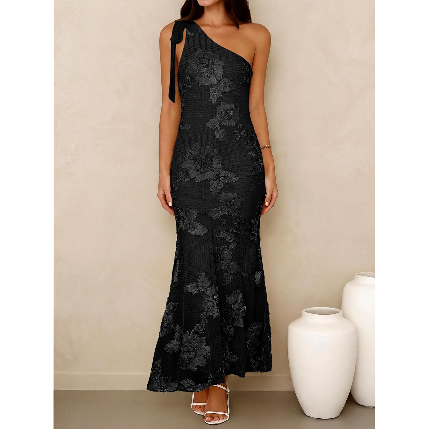 Caracilia Womens Floral Mesh One Shoulder Dress, Elegant Maxi Dresses, Comfy For Wedding Guest Cocktail Summer Formal Wear