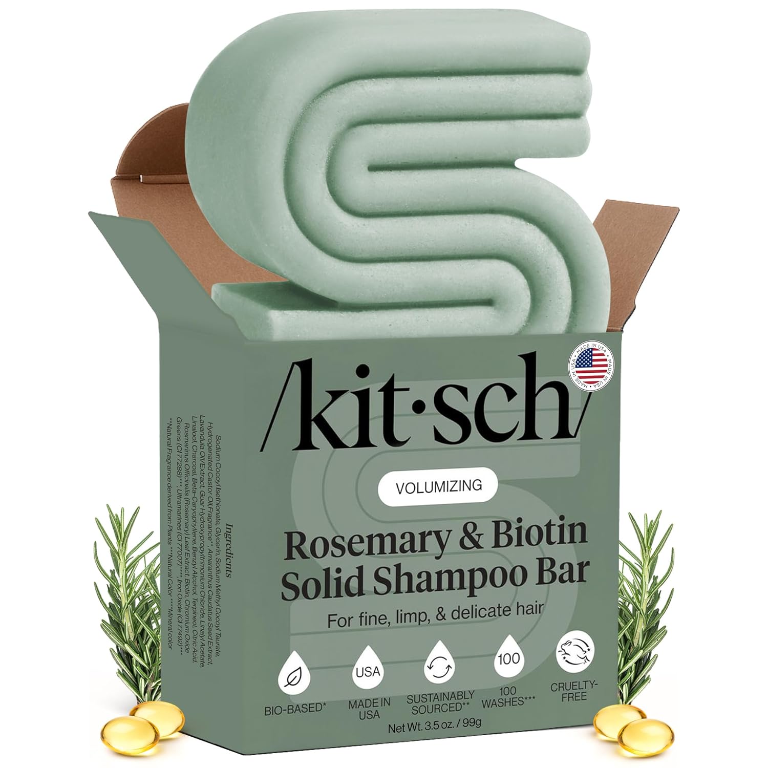 Kitsch Rosemary & Biotin Shampoo Bar - For Hair Growth, Strengthening, Thickening & Volumizing Shampoo for Women and Men - Free of Parabens, Sulfates & Silicones - 3.5 oz