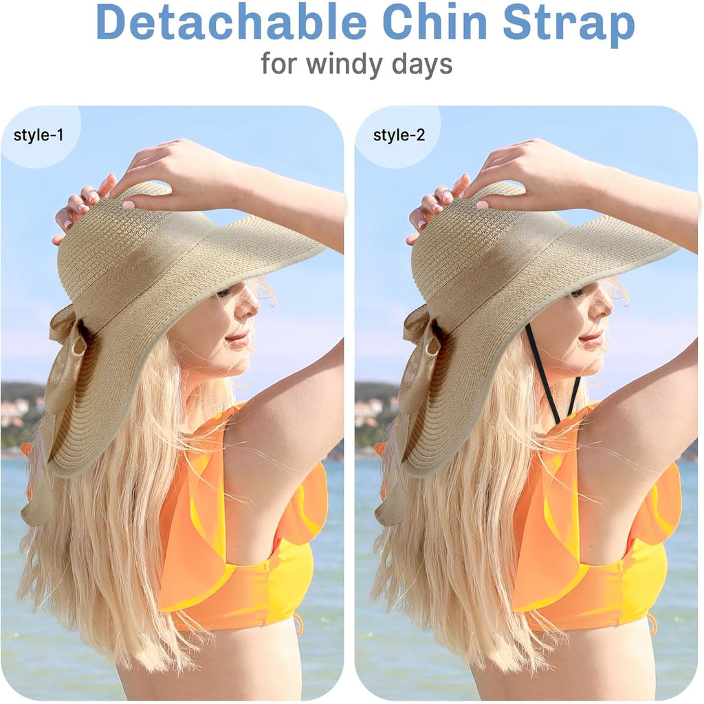 Beach Sun Straw Hats for Women, Wide Brim UPF 50+ UV Sun Protection Summer Straw Hat Packable Foldable Roll up Cap