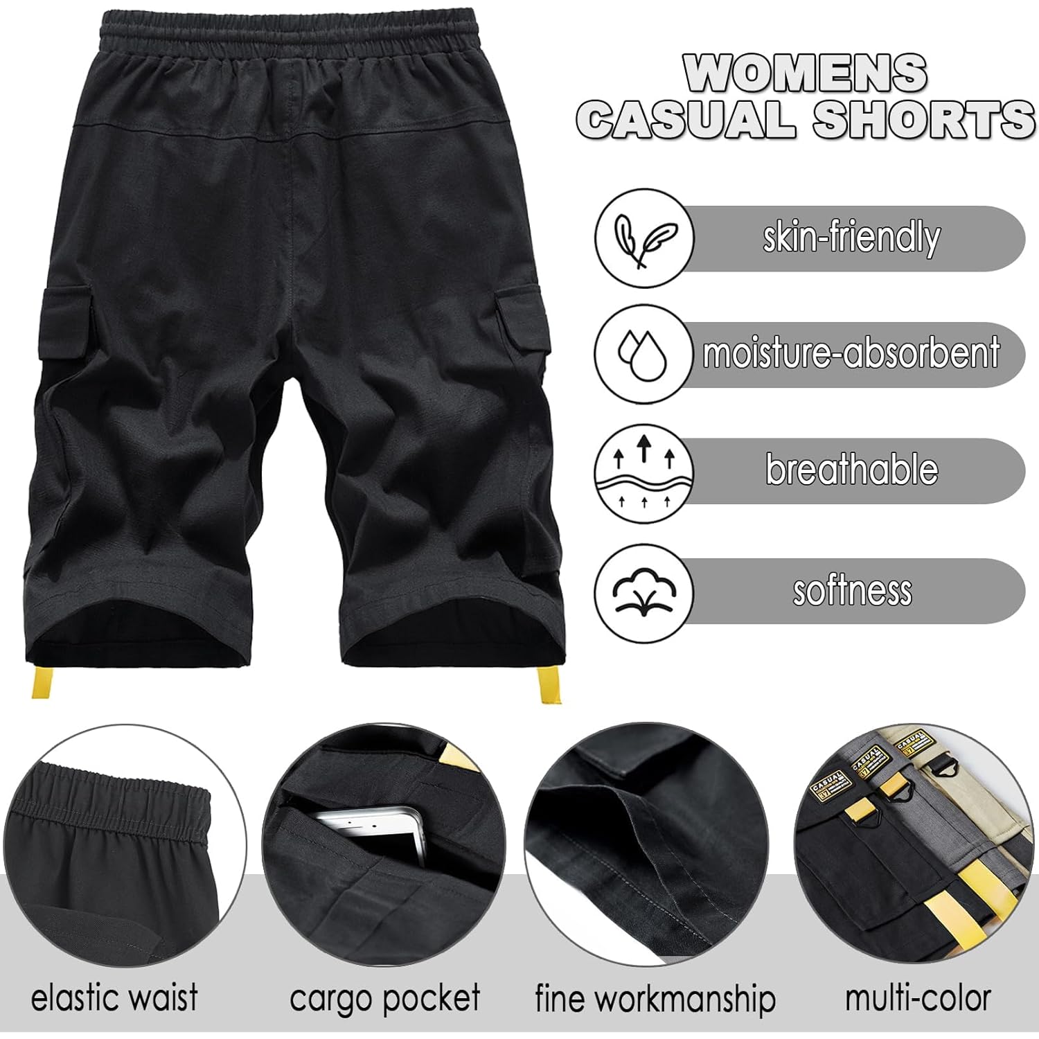 Women's Casual Cargo Shorts with Pockets Elastic High Waist Drawstring Bermuda Shorts for Women