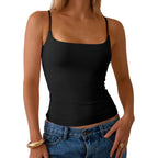 Women Cotton Cami Tops Built-in Shelf Bra Unpadded Square Neck Crop Tank Top Fitted Basic Camisole Going Out Tees