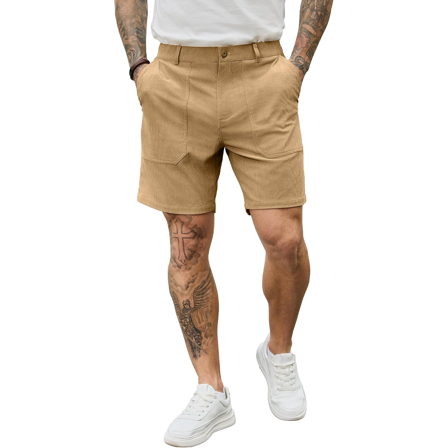 Plepan Mens Corduroy Shorts 7 Inch Casual Vintage Elastic Waist Relaxed Fit Summer Beach Short With Pockets