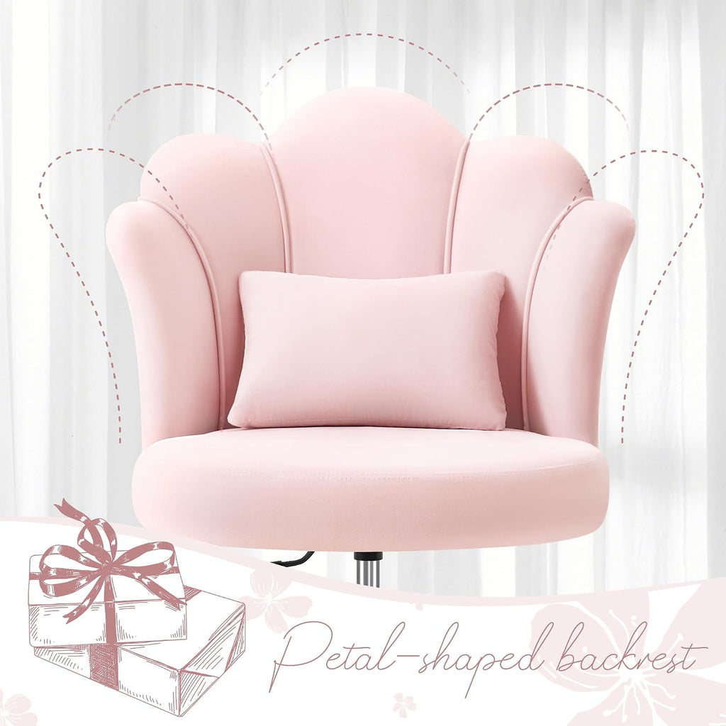 Petal Vanity Chair With Wheels, 3.15" Extra Thick Comfy Makeup Chair, Adjustable Modern Swivel Armless Desk Chair For Girls Women, Aesthetic Small Office Chair For Bedroom Dorm, Pink