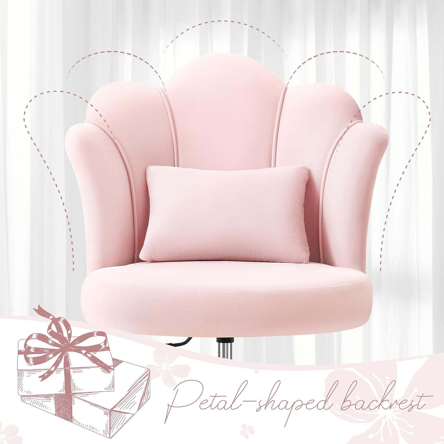 Petal Vanity Chair With Wheels, 3.15" Extra Thick Comfy Makeup Chair, Adjustable Modern Swivel Armless Desk Chair For Girls Women, Aesthetic Small Office Chair For Bedroom Dorm, Pink