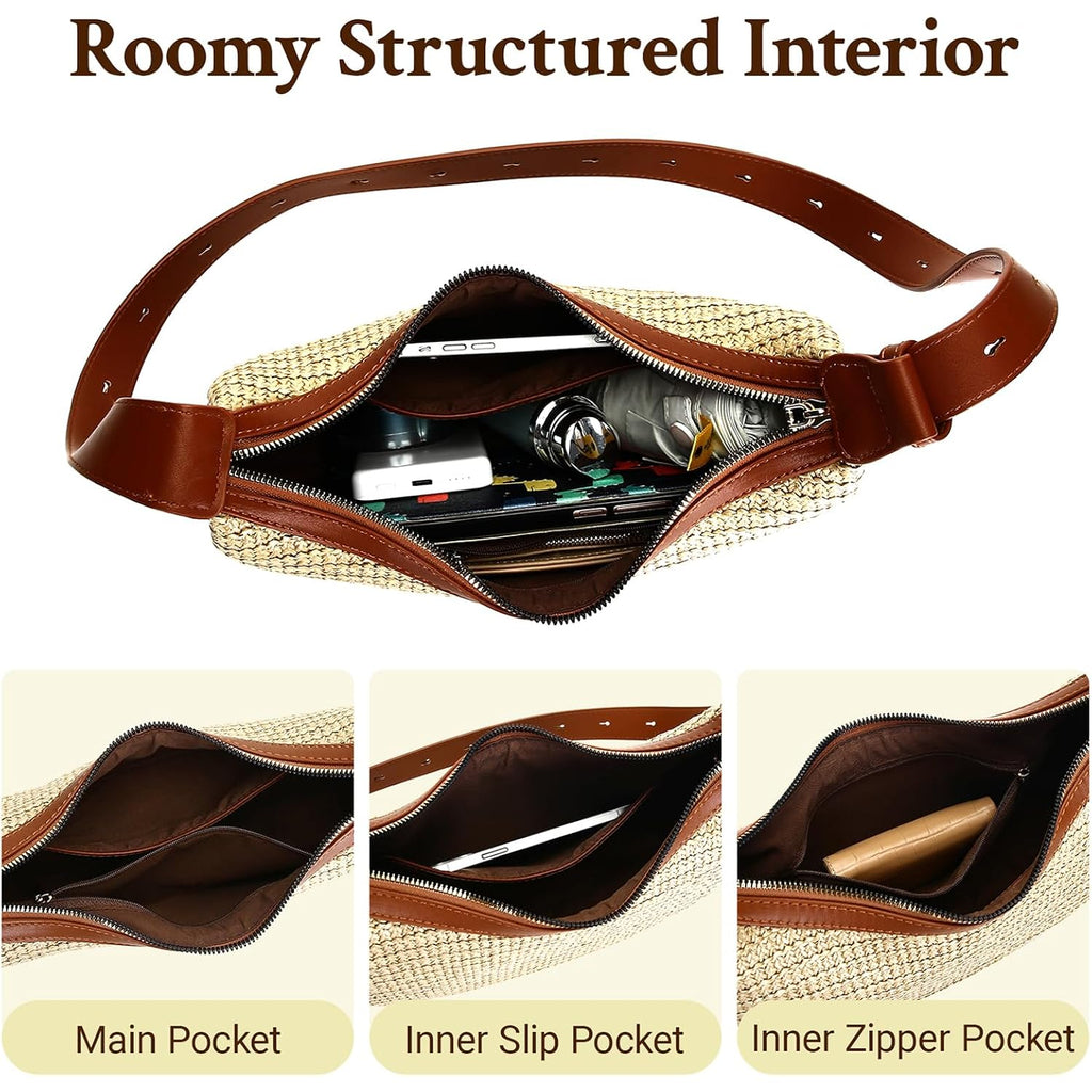 Herald Straw Crossbody Bag for Women Beach Woven Hobo Handbag Summer Chic Crescent Shoulder Purses with Adjustable Strap