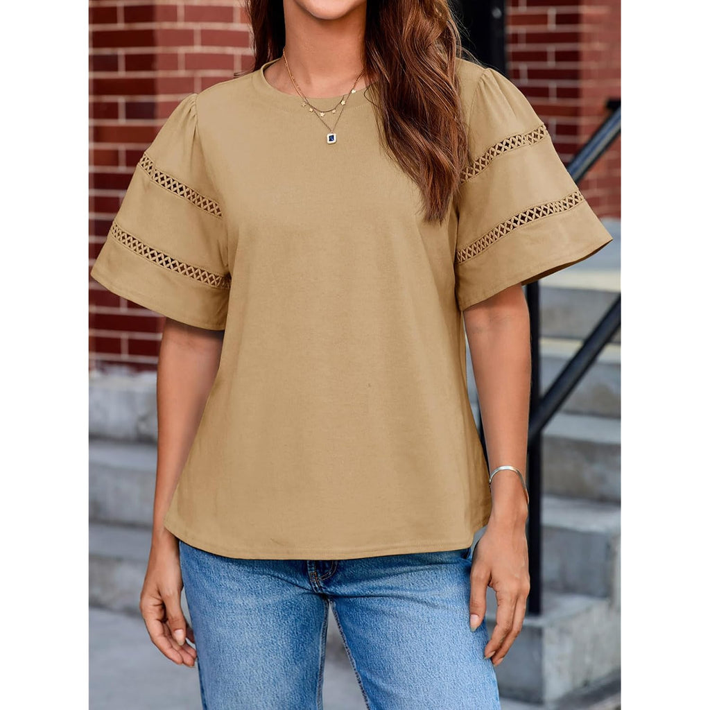 Tankaneo Womens Eyelet Short Sleeve Tops Trendy Casual Loose Fit Tunics Crewneck Summer T Shirts