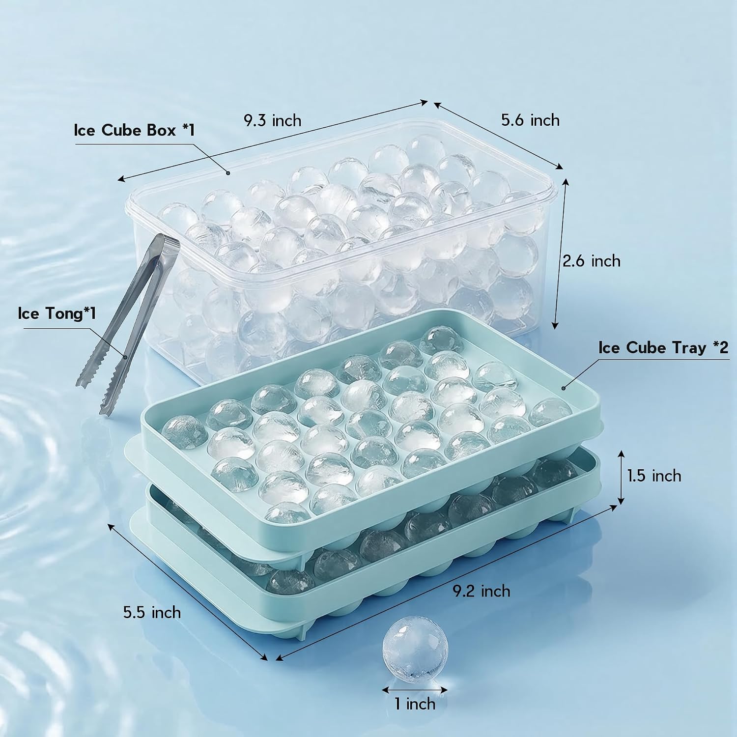 Ice Cube Tray With Lid And Bin - Round Ice Trays For Freezer With Lid - Ice Cube Trays For Freezer With Ice Container (1"-2Pack Blue)