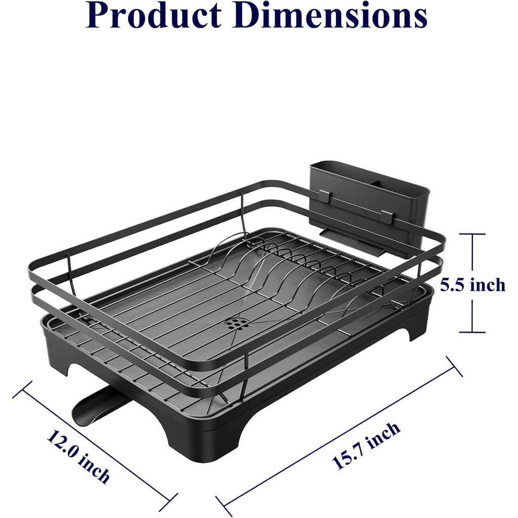 Kitsure Dish Drying Rack - Multi-Functional Dish Rack For Kitchen Counter With Cutlery Holder, Rust-Proof Storage Solution With Rotatable, 15.7" X 12.0" X 5.5", Black