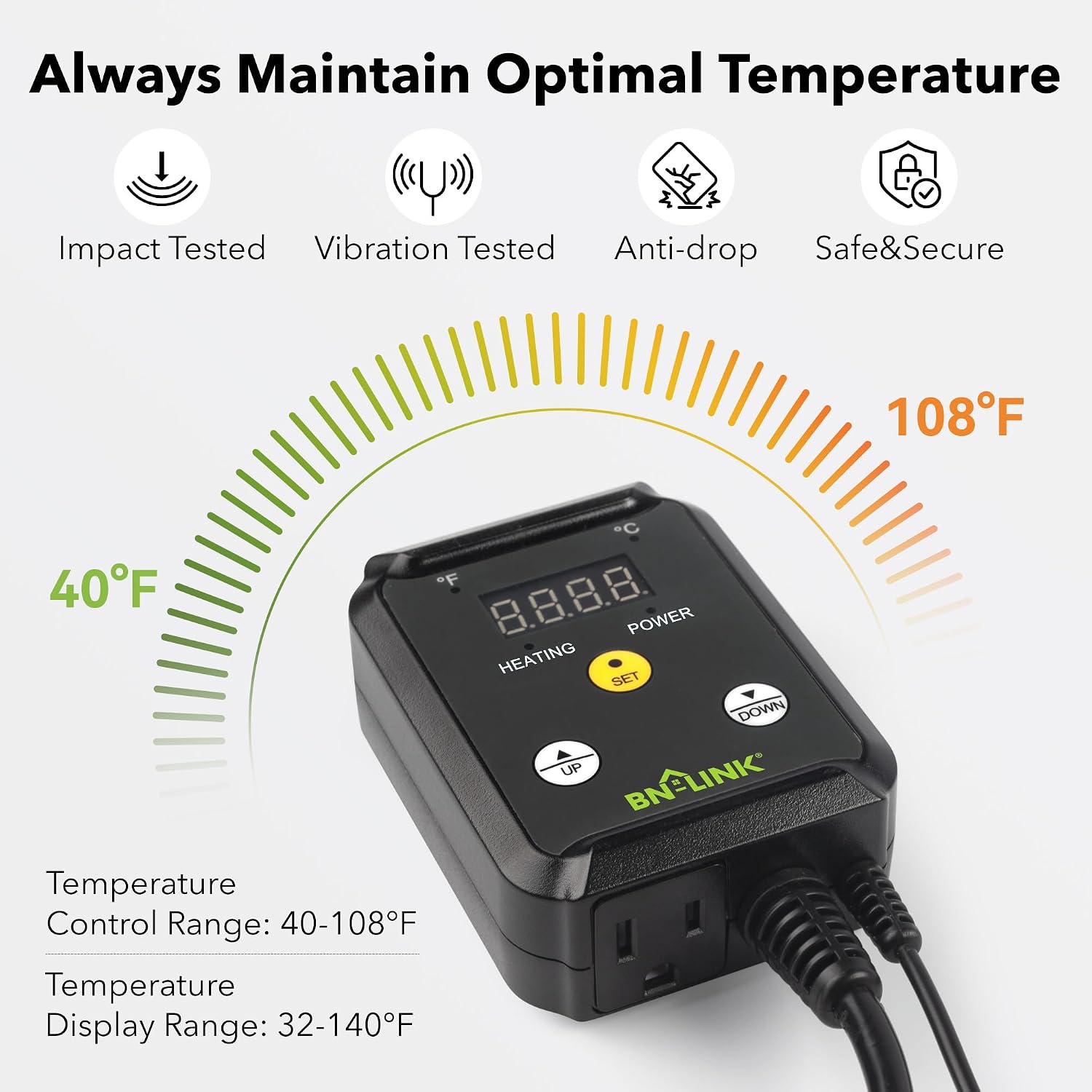 Bn-Link Reptile Thermostat Temperature Controller, Digital Heat Mat Thermostat For Seed Starting, Plant Germination, Greenhouse, Incubator, Brooder, Brewing, Reptiles Tank,40-108°F, 1000W, Etl Listed