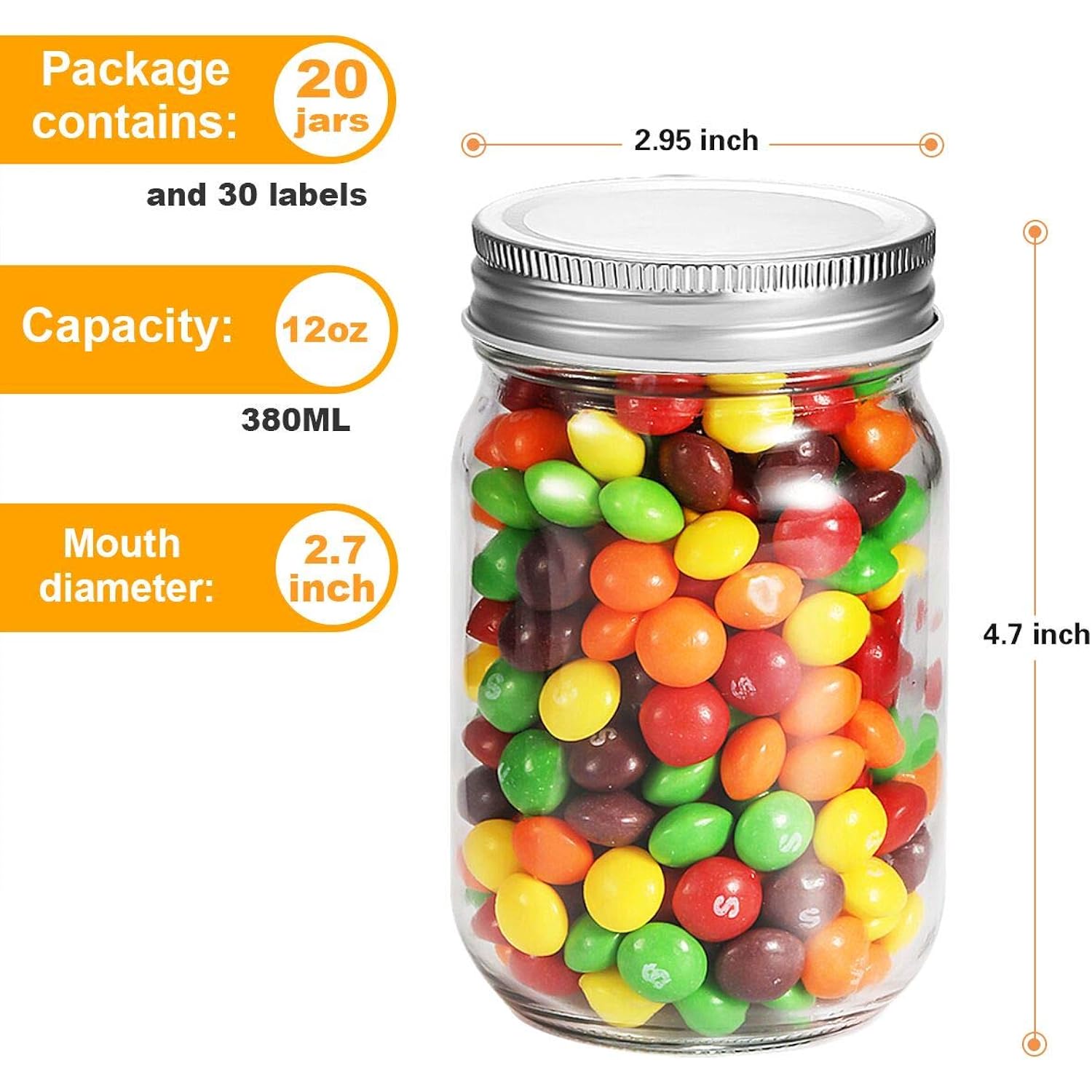 12oz Glass Jars With Lids Regular Mouth 20 Pack -Mason Jars 12 oz For Crafts, Meal Prep, Canning Jars For Food Storage Frascos De Vidrio Con Tapa Para Conservas-with 20 Chalkboard Stickers-Silver Lid