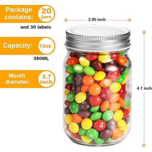12oz Glass Jars With Lids Regular Mouth 20 Pack -Mason Jars 12 oz For Crafts, Meal Prep, Canning Jars For Food Storage Frascos De Vidrio Con Tapa Para Conservas-with 20 Chalkboard Stickers-Silver Lid