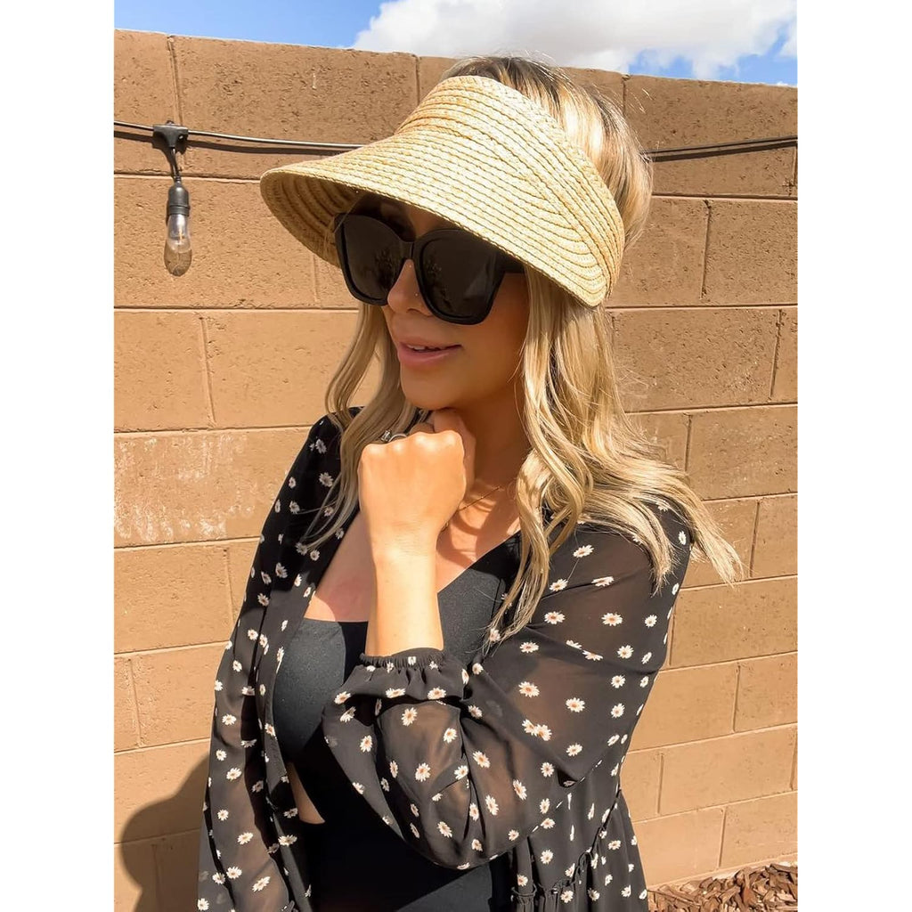 FURTALK Sun Visor Hats for Women Wide Brim Straw Visors Womens Foldable Beach Visors Summer Packable Ponytail Beach Hat
