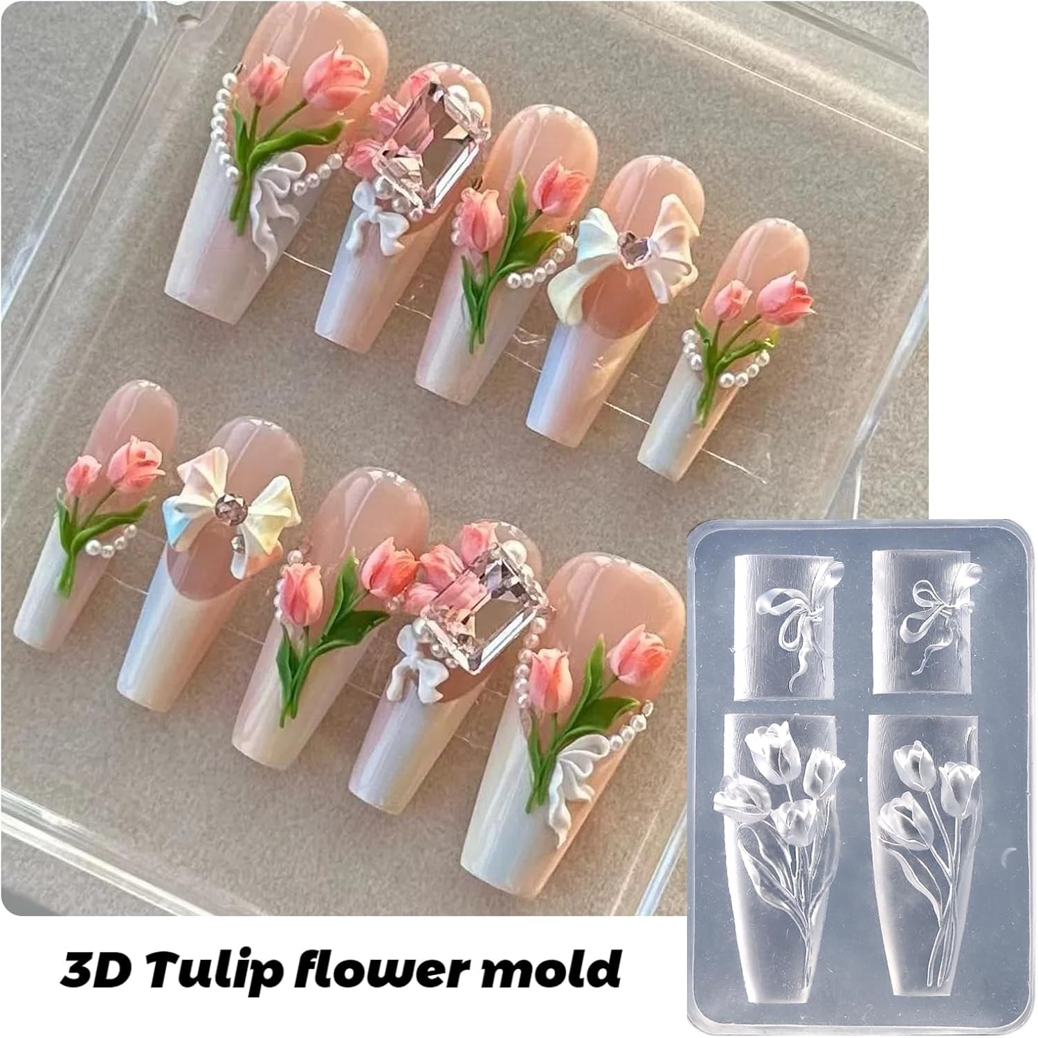 Silicone Nail Art Molds, 2PCS Reusable Clear 3D Flowers Nail Charm Molds with Carving Pen Tulip Bouquet Lily Hibiscus Flower Nail Design Manicure Template DIY Charms Resin Craft Accessories