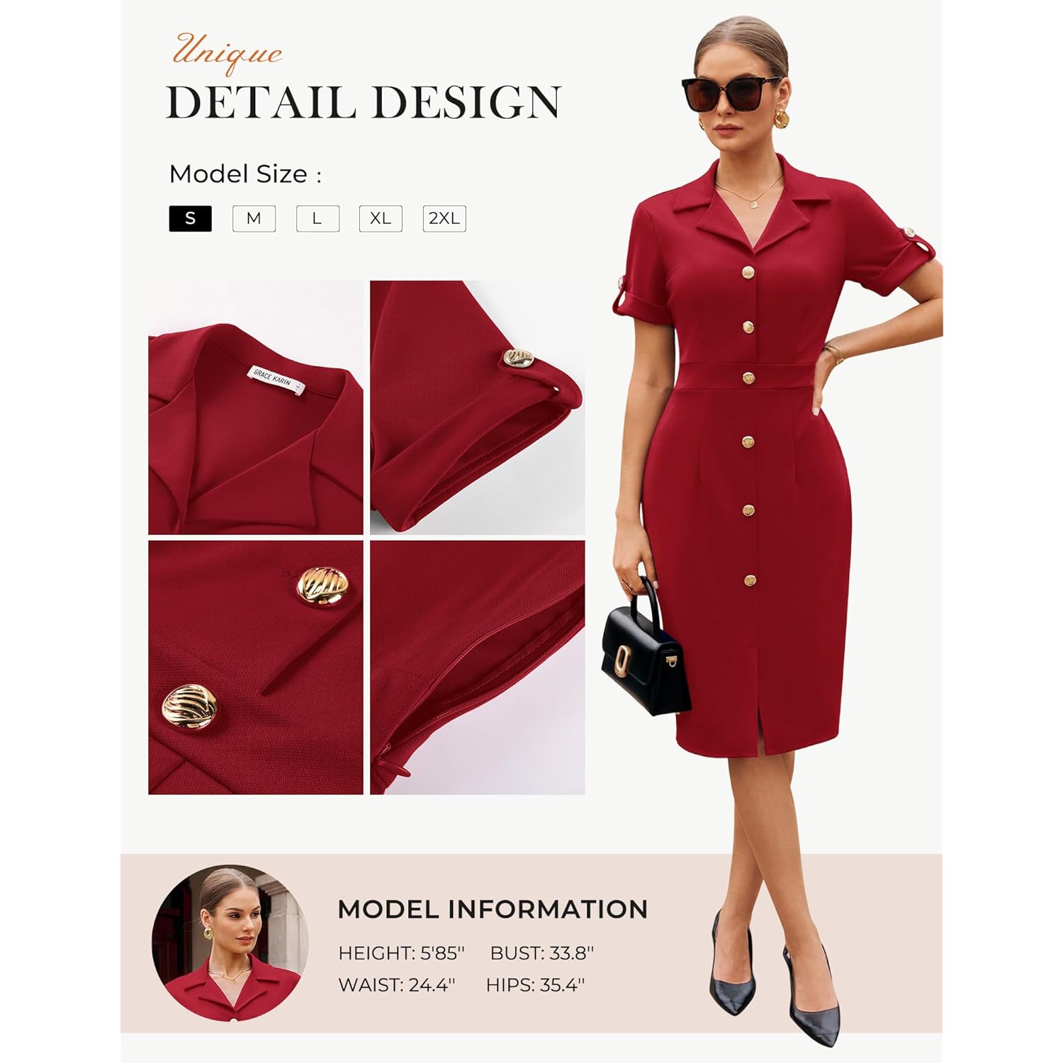 Work Dresses for Women 2026 Short Sleeve Button Bodycon Dress Pencil Office Midi Dress with Pockets