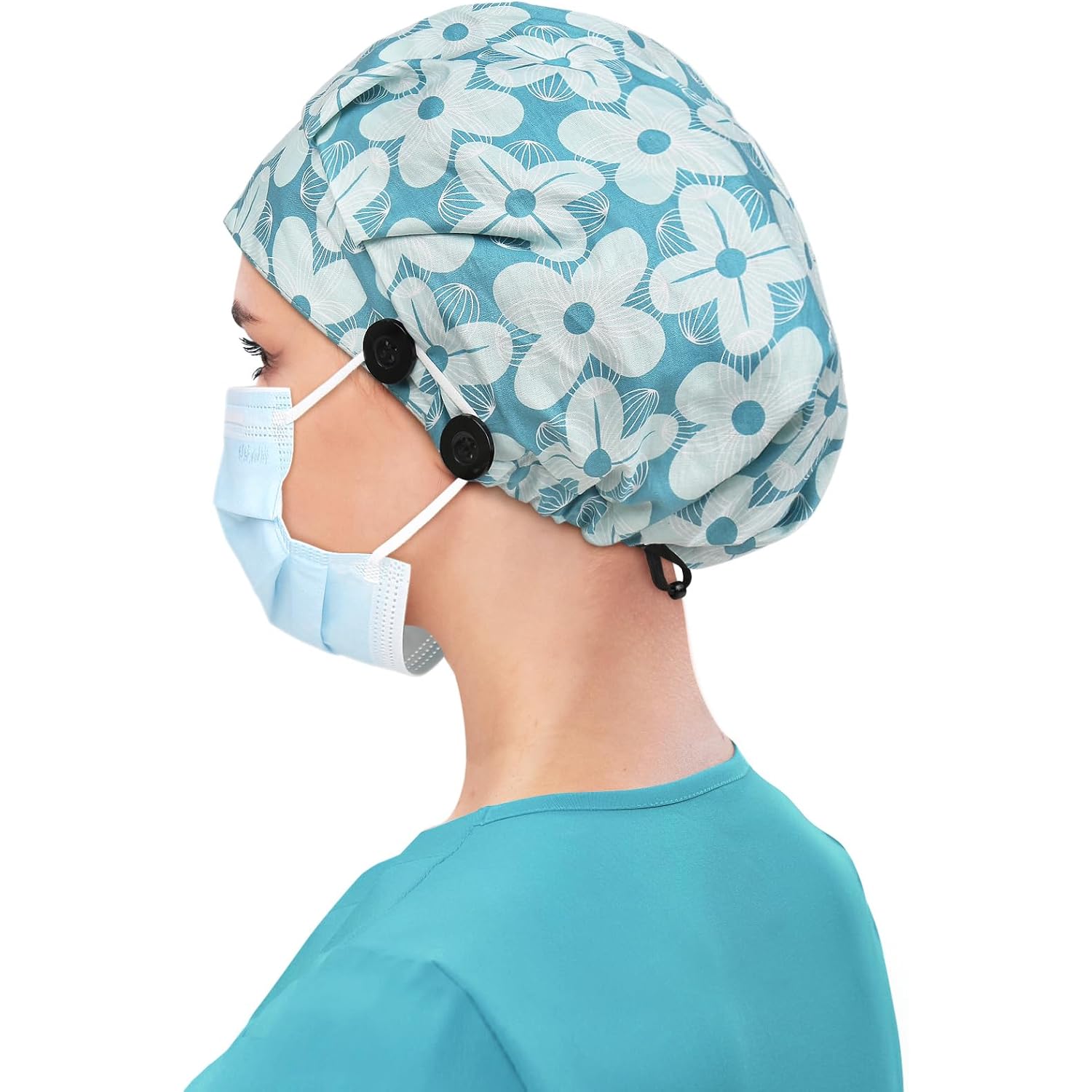 Satin Lined Bouffant Scrub Nurse Cap with 4 Buttons and Sweatband Adjustable Sky White