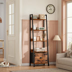 Furologee 5-Tier Ladder Shelf, Ladder Bookshelf With Removable Drawer, Rustic Bookcase Storage Rack Organizer, Wood Metal Freestanding Storage Shelf For Living Room, Home Office, Bedroom, Balcony