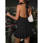 Wenrine Womens Mesh Halter Mini Dresses Summer Sleeveless Tie Open Back Ruched Waist Tiered Ruffle Going Out Club Dress