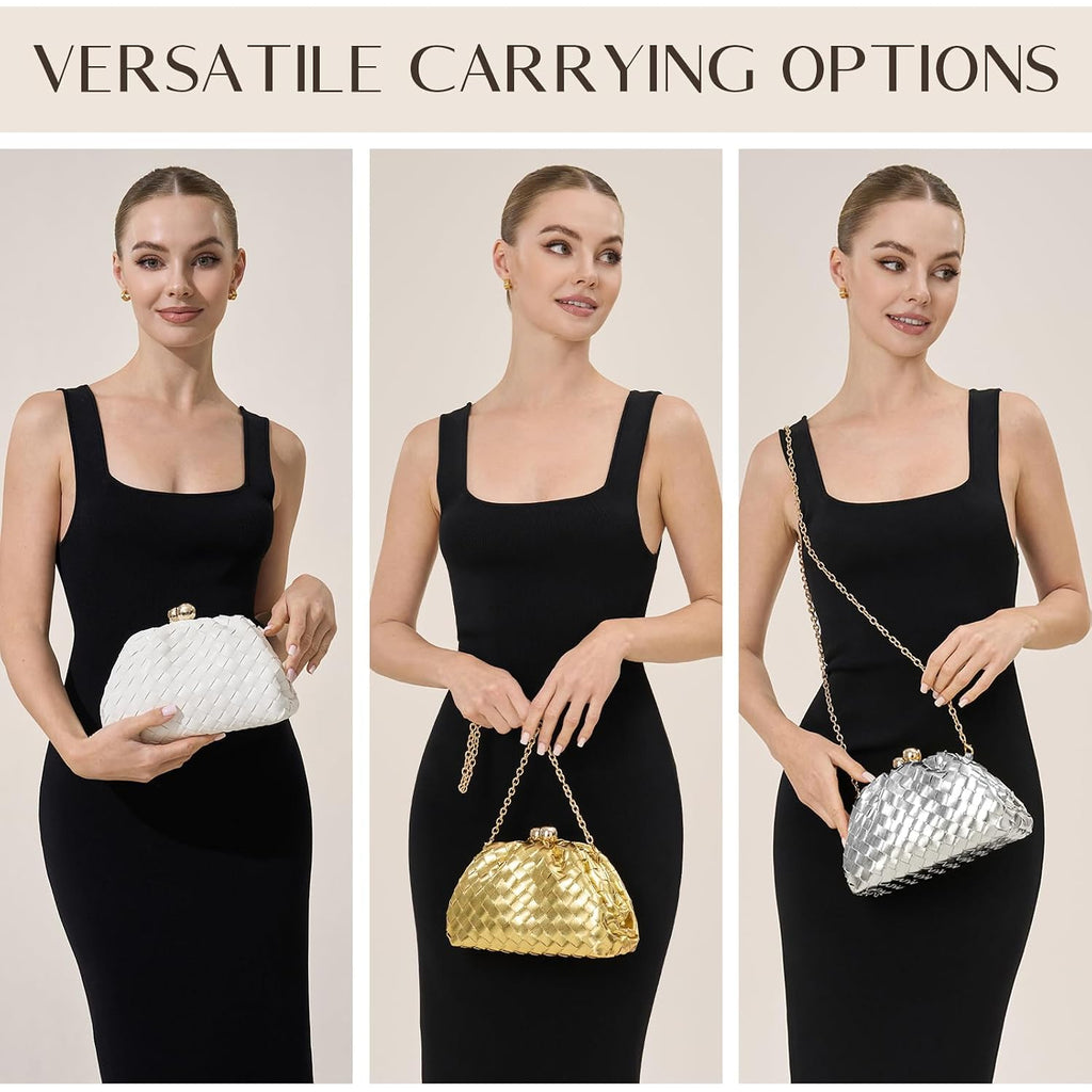 Gold Clutch Purses For Women, Woven Evening Handbags, Formal Dumpling Bag