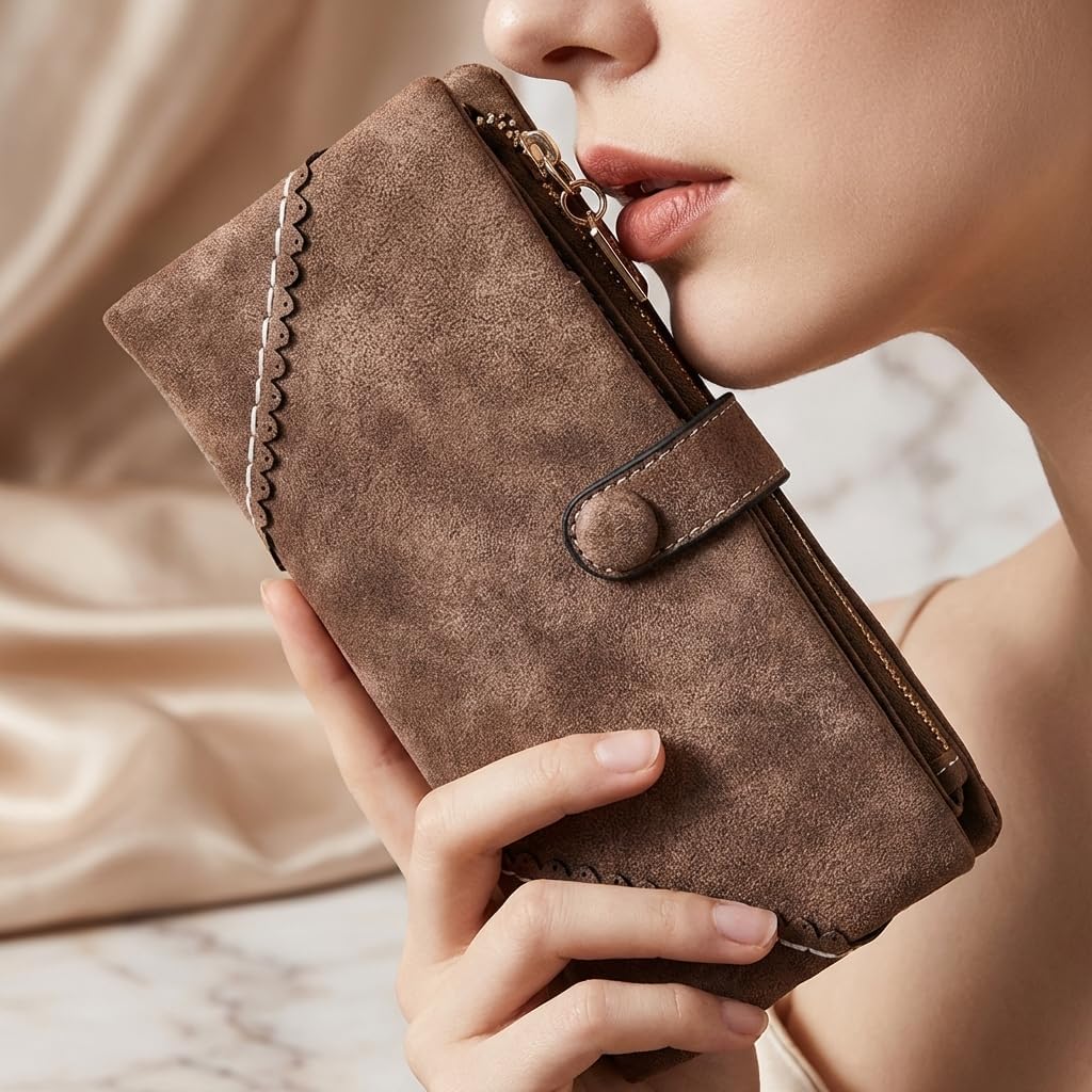 Women Vegan Leather Wallet Bifold Clutch Large Capacity Card Organizer Buckle Long Purse for Girls Candy Color