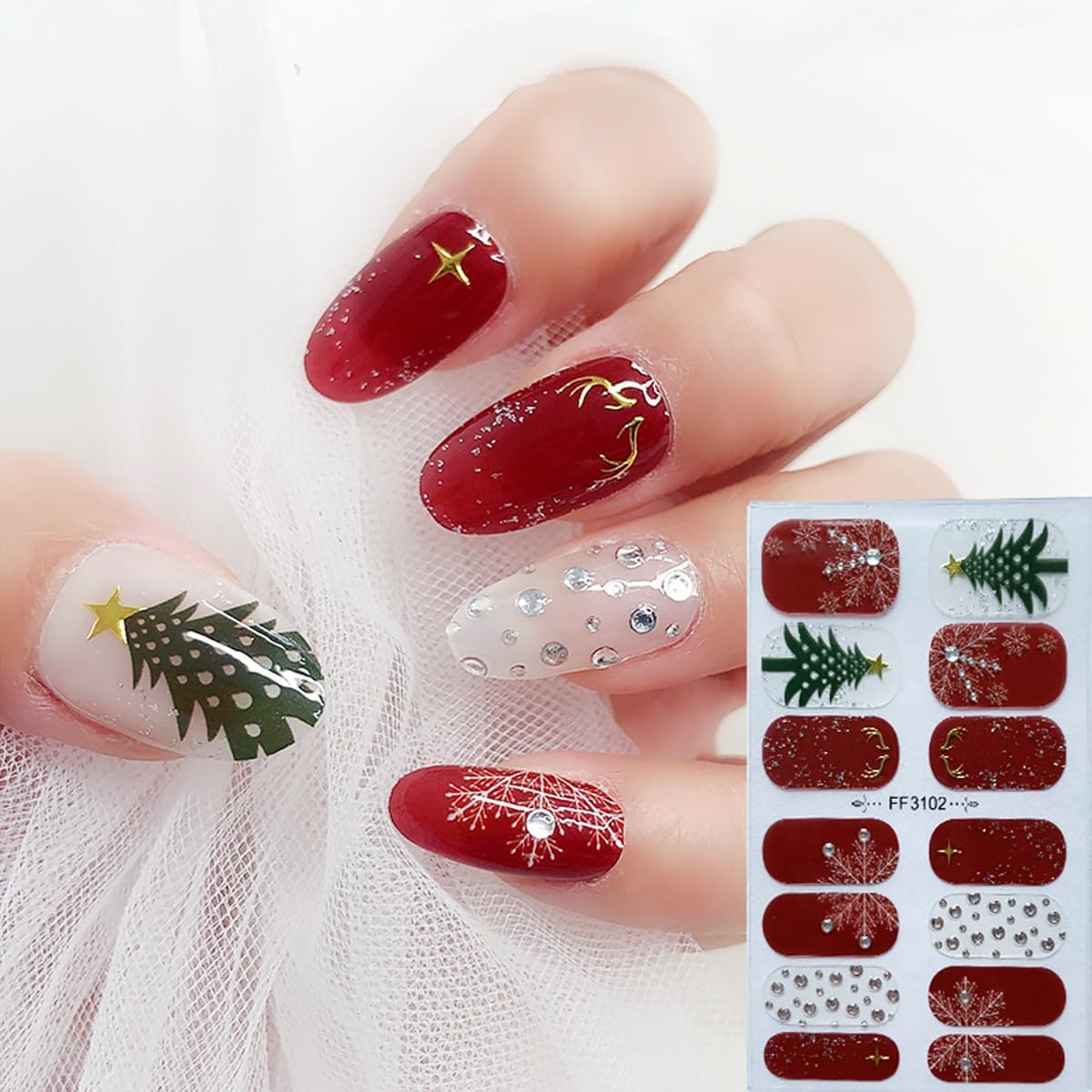 4 Sheets Christmas Gel Nail Stickers Snowflake Xmas Trees Nail Wraps Sticker with 3D Rhinestones Design Gilding Reindeer Nail Polish Strips Self-Adhesive Glitter Winter Full Wrap Nails Strip for Women