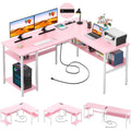 Unikito Reversible L Shaped Desk With Magic Power Outlets And Usb Charging Ports, Sturdy Corner Computer Desk With Storage Shelves, Gaming Table Home Office Desk, Easy To Assemble, Pink