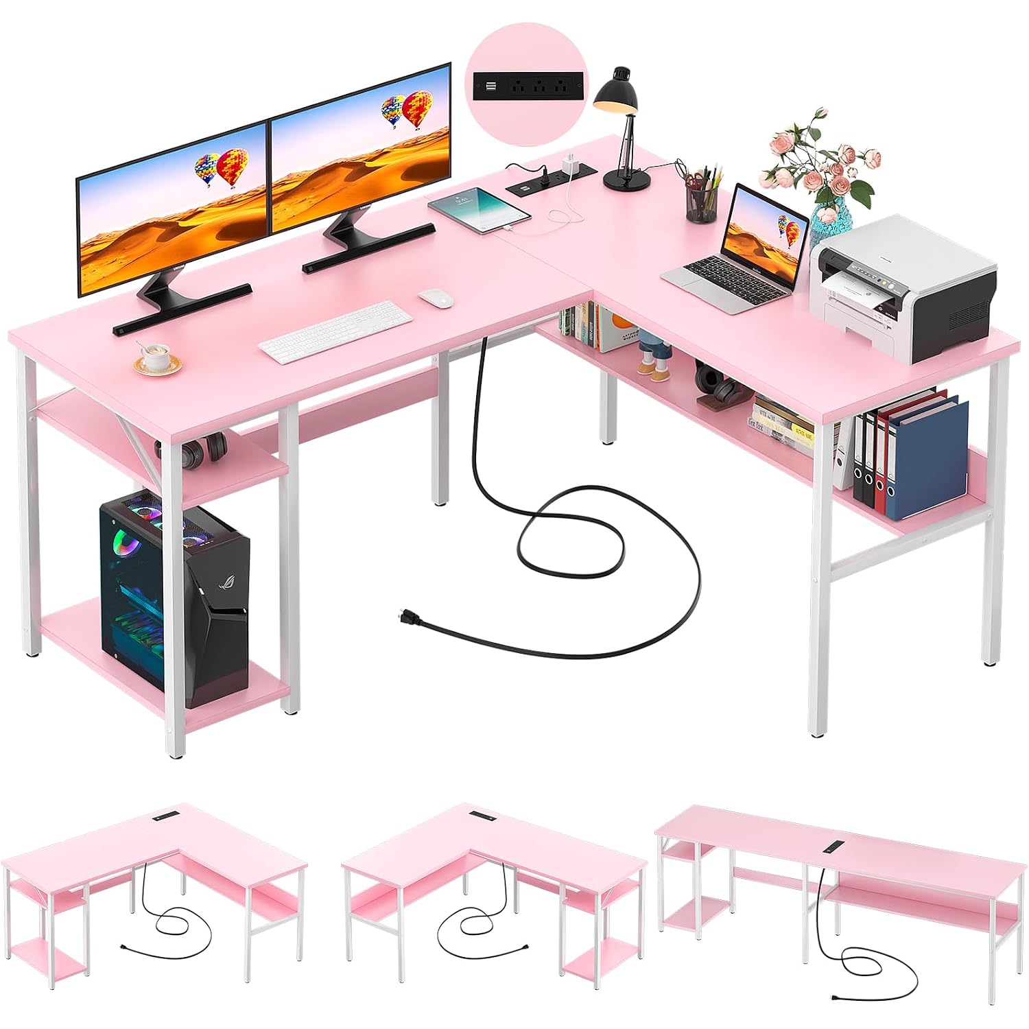 Unikito Reversible L Shaped Desk With Magic Power Outlets And Usb Charging Ports, Sturdy Corner Computer Desk With Storage Shelves, Gaming Table Home Office Desk, Easy To Assemble, Pink